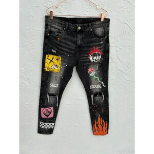 THRT Mens Skinny Skull Head Flame Distress Charcoal Denim Jeans Black Size 36